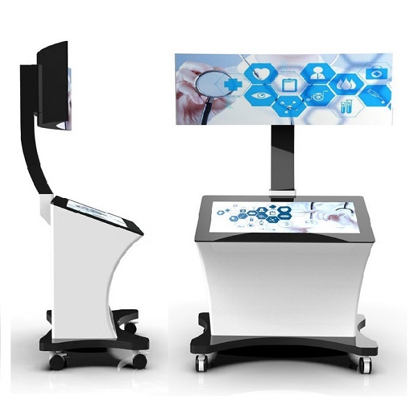 数字人 医院医学院教学上下双屏查询机曲面双屏示教终端智能显示展示平台可移动